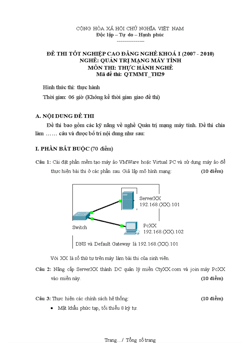 Đề thi nghề Quản trị mạng máy tính Thực hành nghề 29