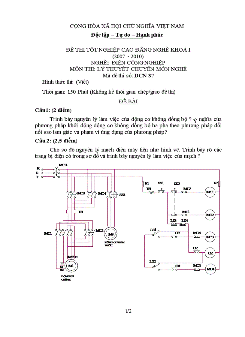 Đề thi lý thuyết nghề điện công nghiệp 37