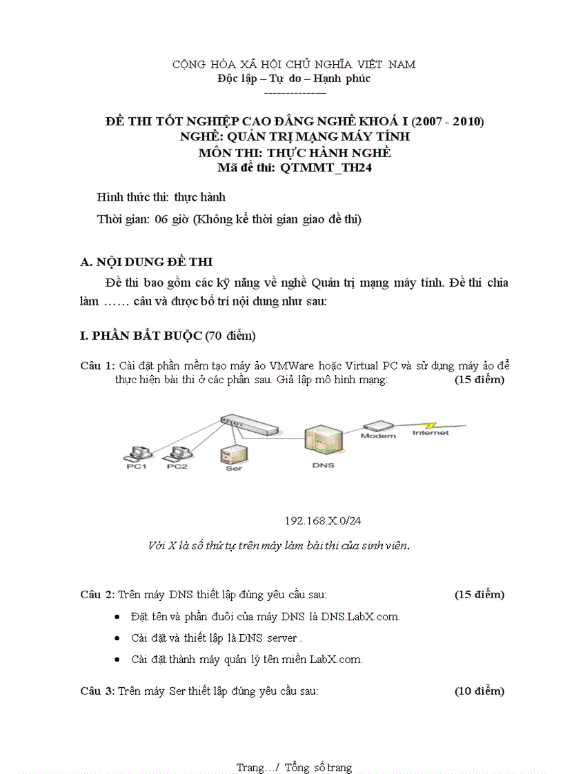Đề thi nghề Quản trị mạng máy tính Thực hành nghề 24