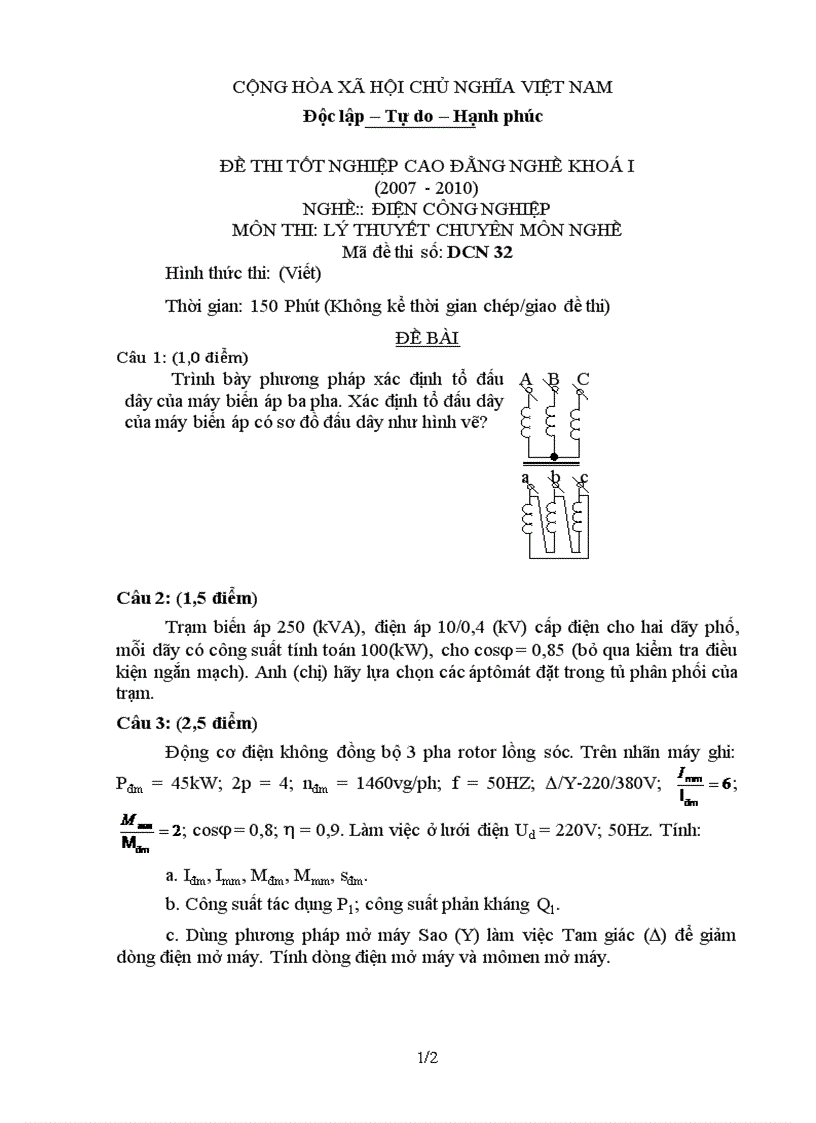 Đề thi lý thuyết nghề điện công nghiệp 32