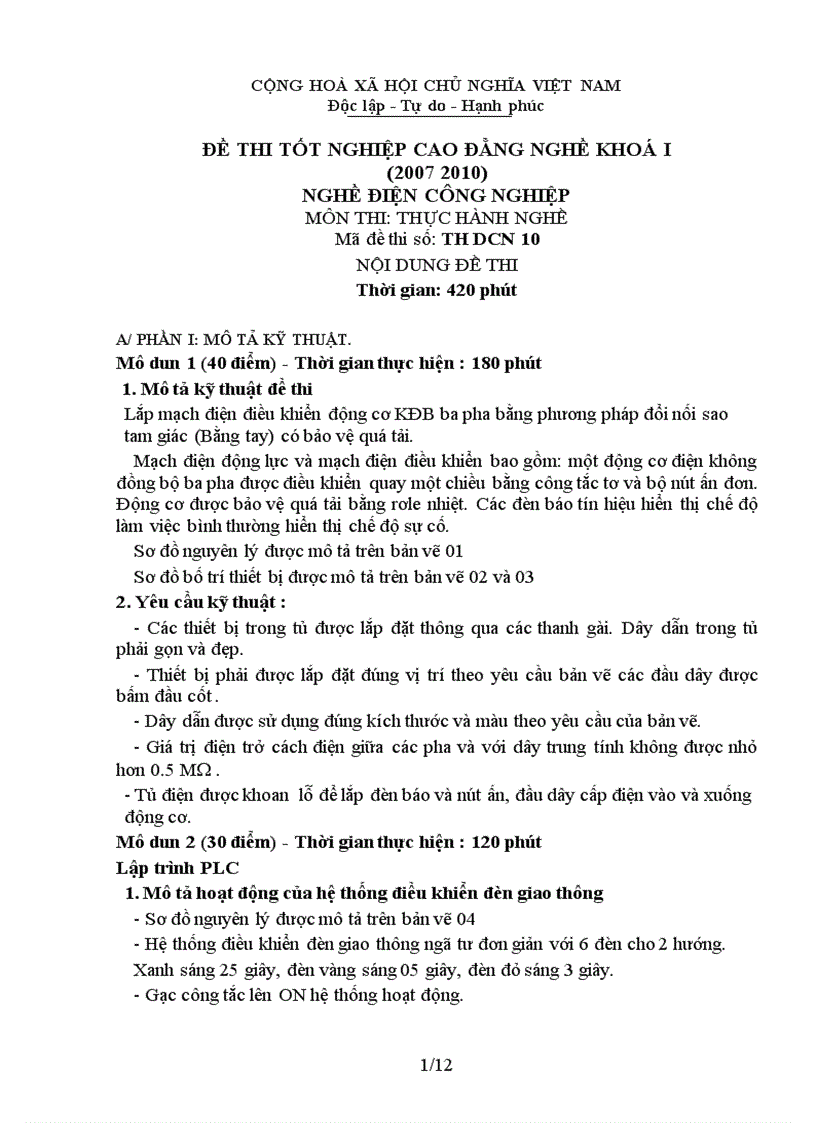Đề thi thực hành nghề điện công nghiệp 10