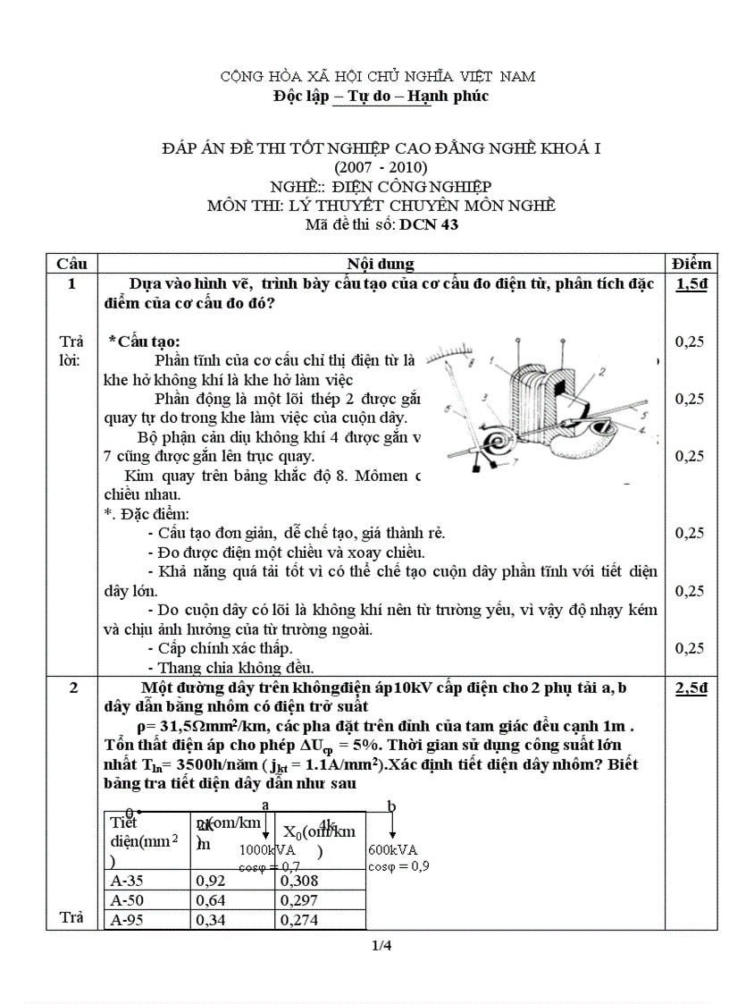 Đáp án đề thi lý thuyết nghề điện công nghiệp 43