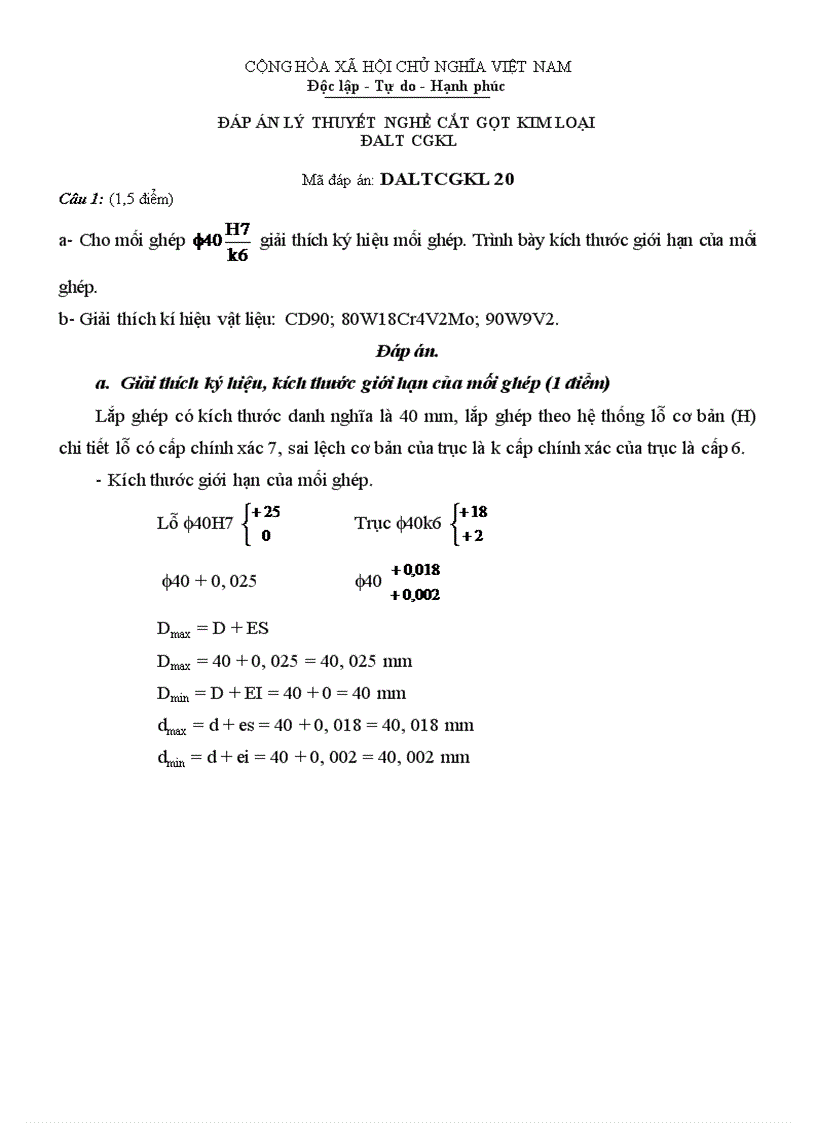 Đáp án lý thuyết cắt gọt kim loại 20