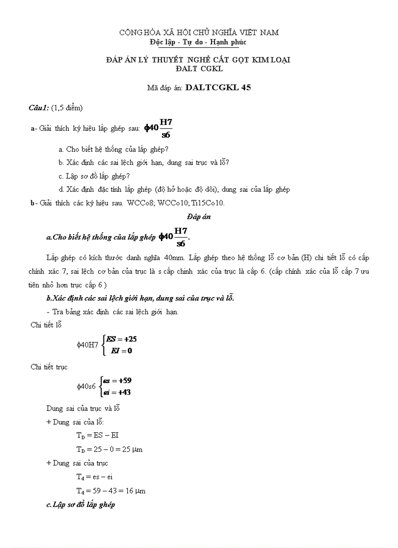 Đáp án lý thuyết cắt gọt kim loại 45