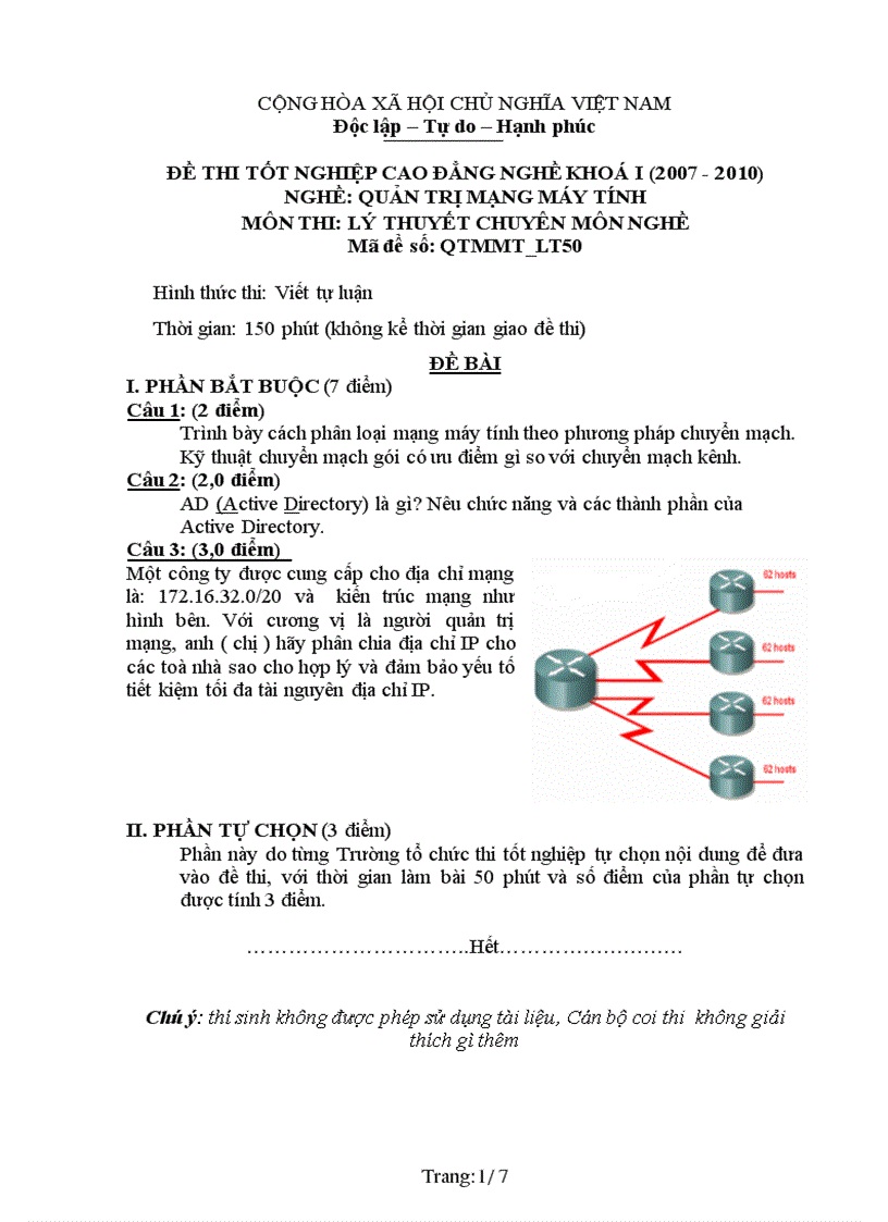 Đề thi nghề Quản trị mạng máy tính 50