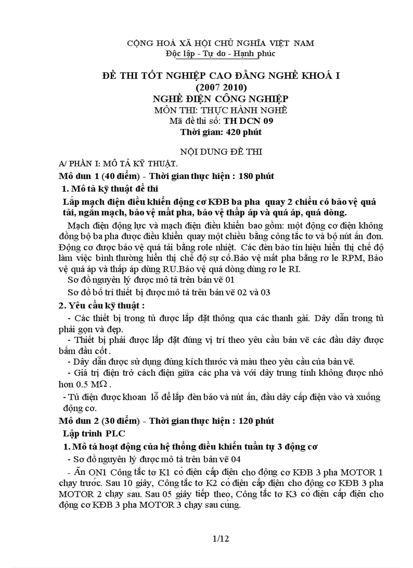 Đề thi thực hành nghề điện công nghiệp 9