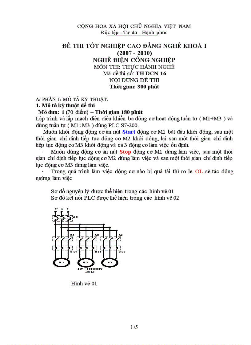 Đề thi thực hành nghề điện công nghiệp 16