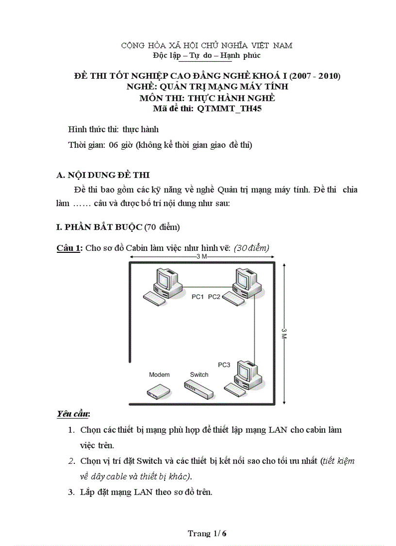 Đề thi nghề Quản trị mạng máy tính Thực hành nghề 45