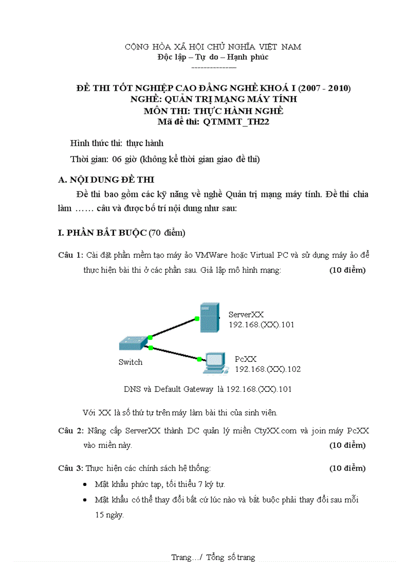 Đề thi nghề Quản trị mạng máy tính Thực hành nghề 22