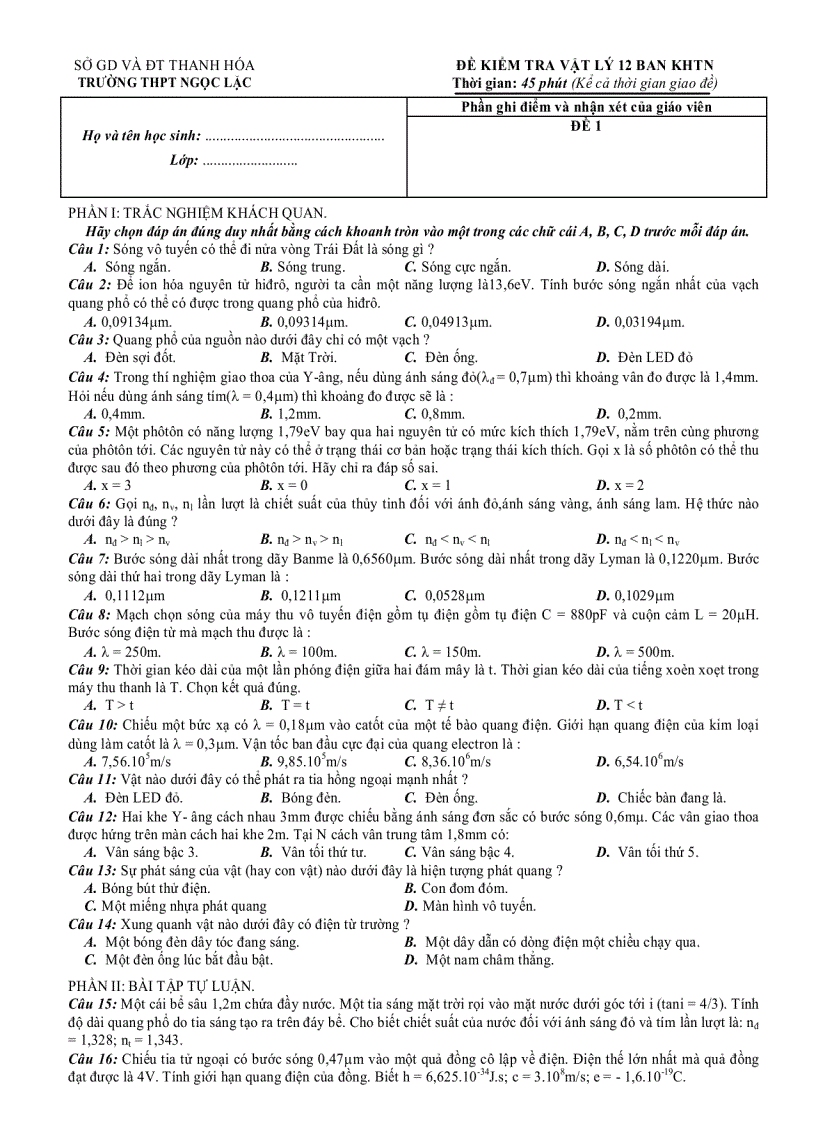 Đề kiểm tra vật lý 12 ban khtn