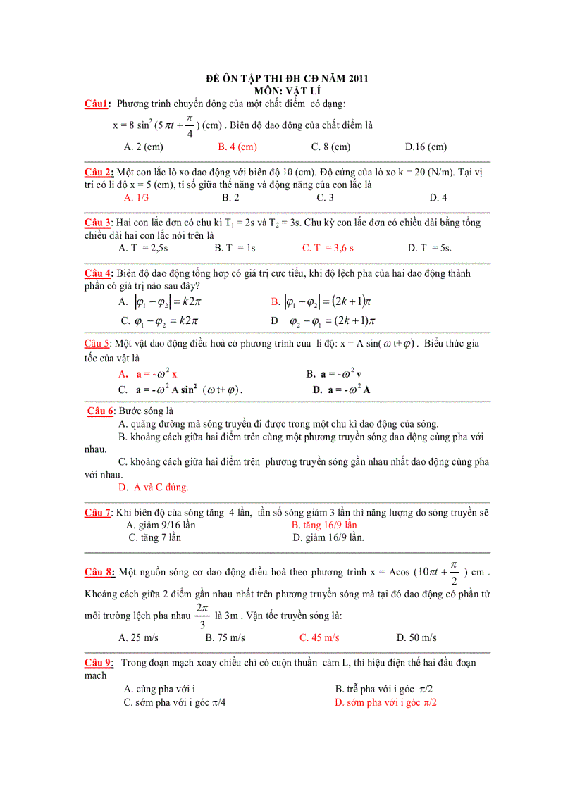 Đề ôn tập thi đh cđ năm 2011 môn Vật lí