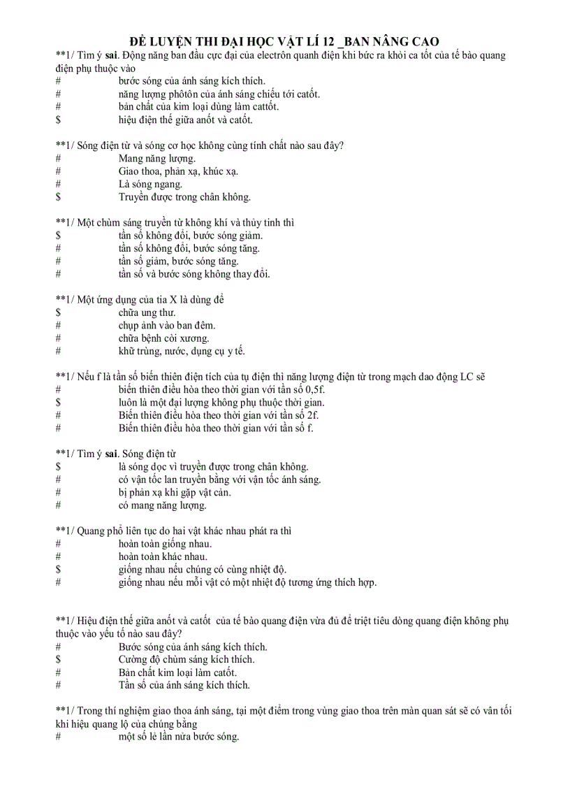 Đề luyện thi đại học vật lí 12 ban nâng cao