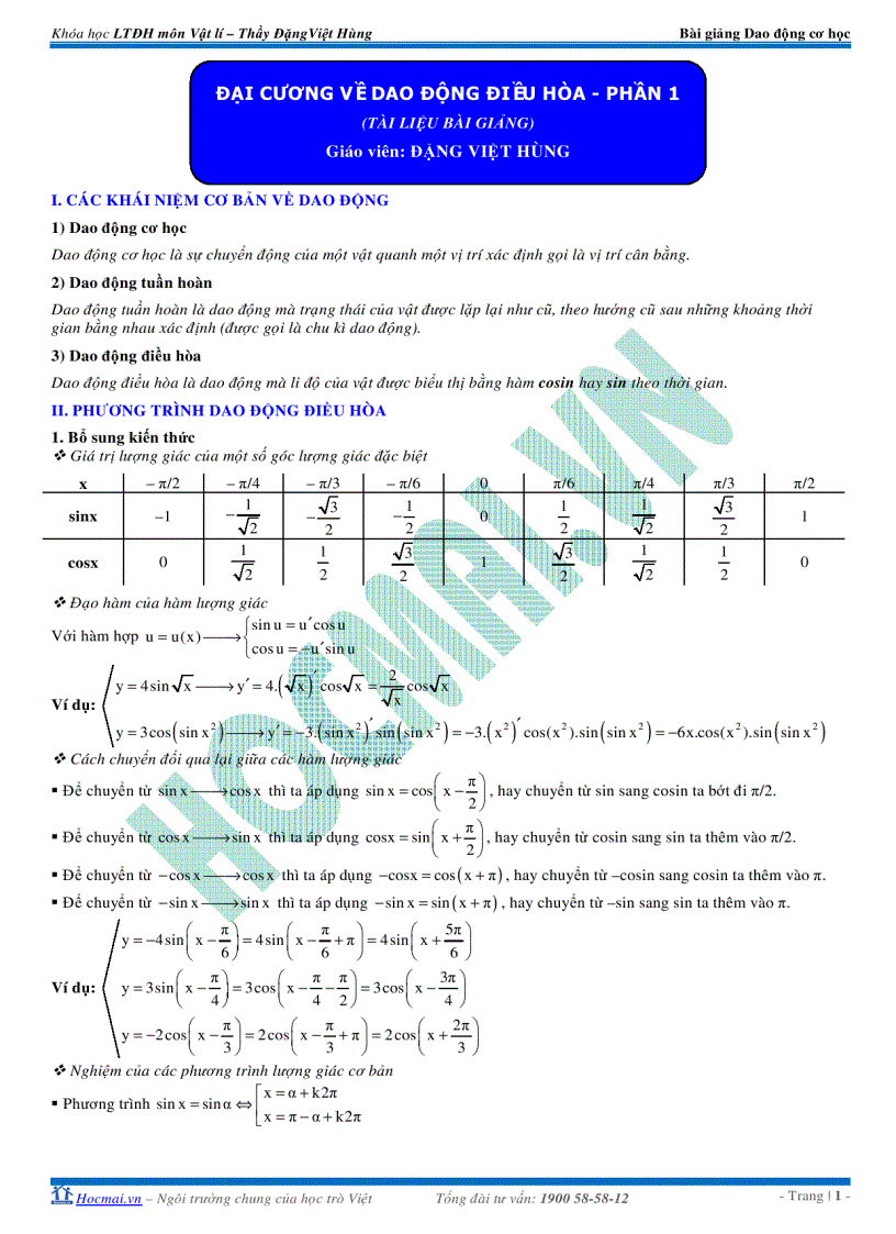 Đại cương về dao động điều hòa phần 1 tài liệu bài giảng