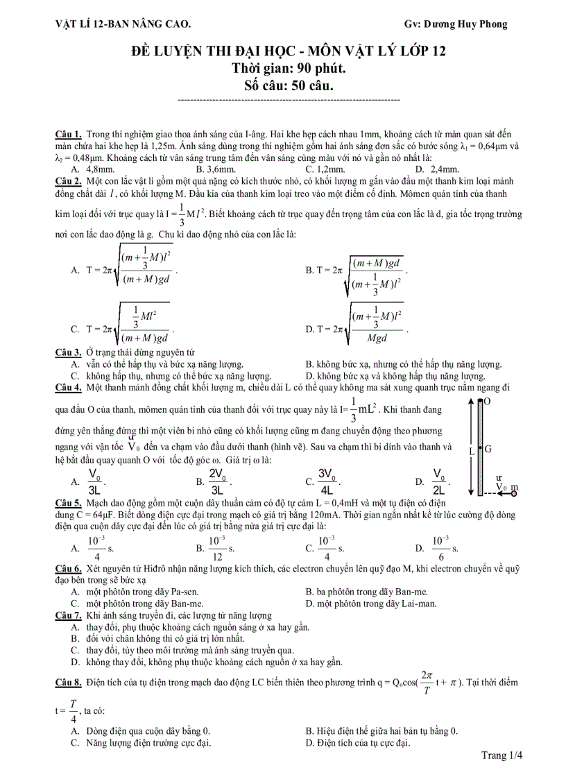 Đề luyện thi đại học môn vật lý lớp 12