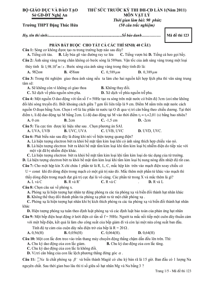 THỬ SỨC TRƯỚC KỲ THI ĐH CĐ LẦN 1 Năm 2011 MÔN VẬT LÝ