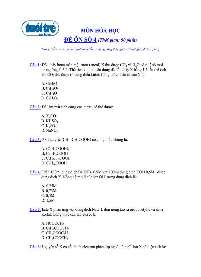 Môn hóa học đề ôn số 4