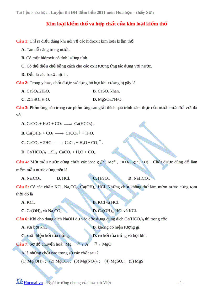 Kim loại kiềm thổ và hợp chất của kim loại kiềm thổ