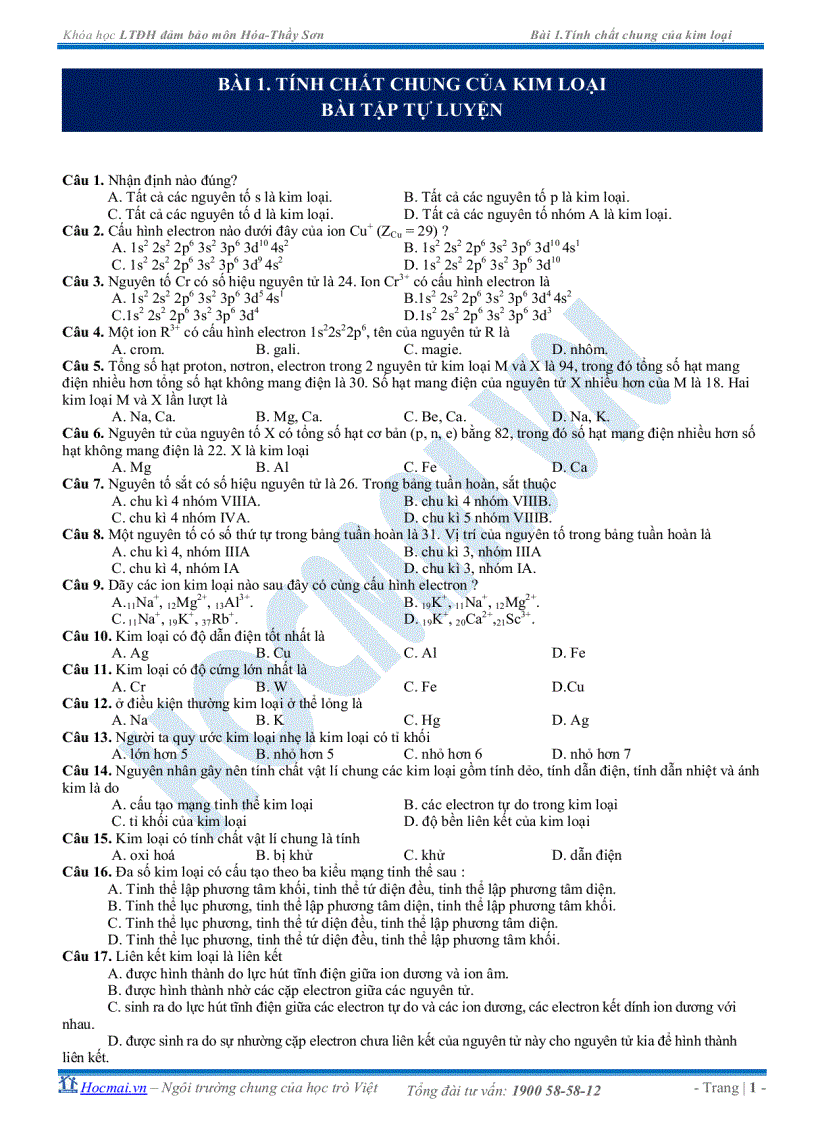 Tính chất chung của kim loại bài tập tự luyện