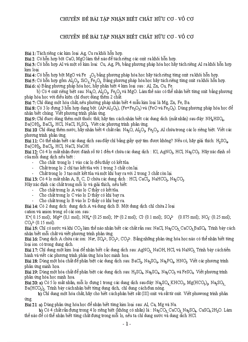 Chuyên đề bài tập nhận biết chất hữu cơ vô cơ