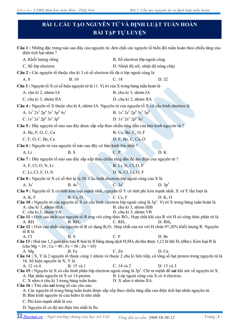 Cấu tạo nguyên tử và định luật tuần hoàn