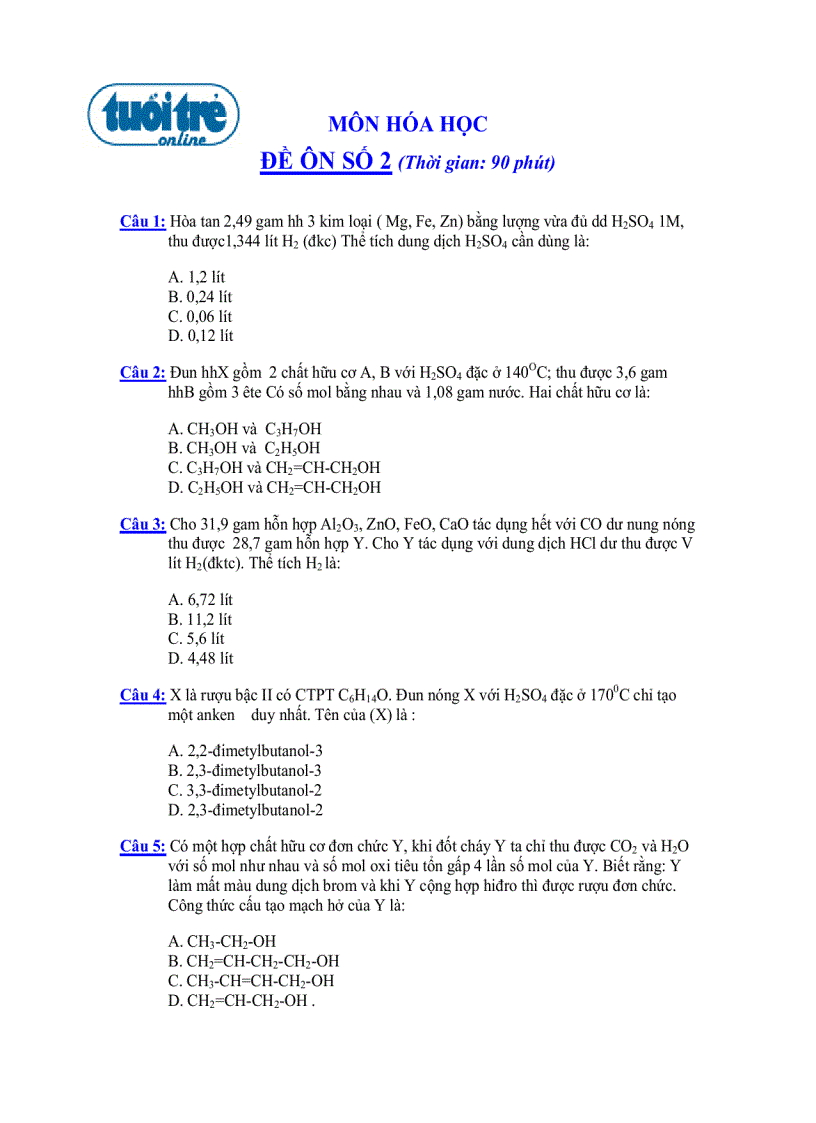 Môn hóa học đề ôn số 2