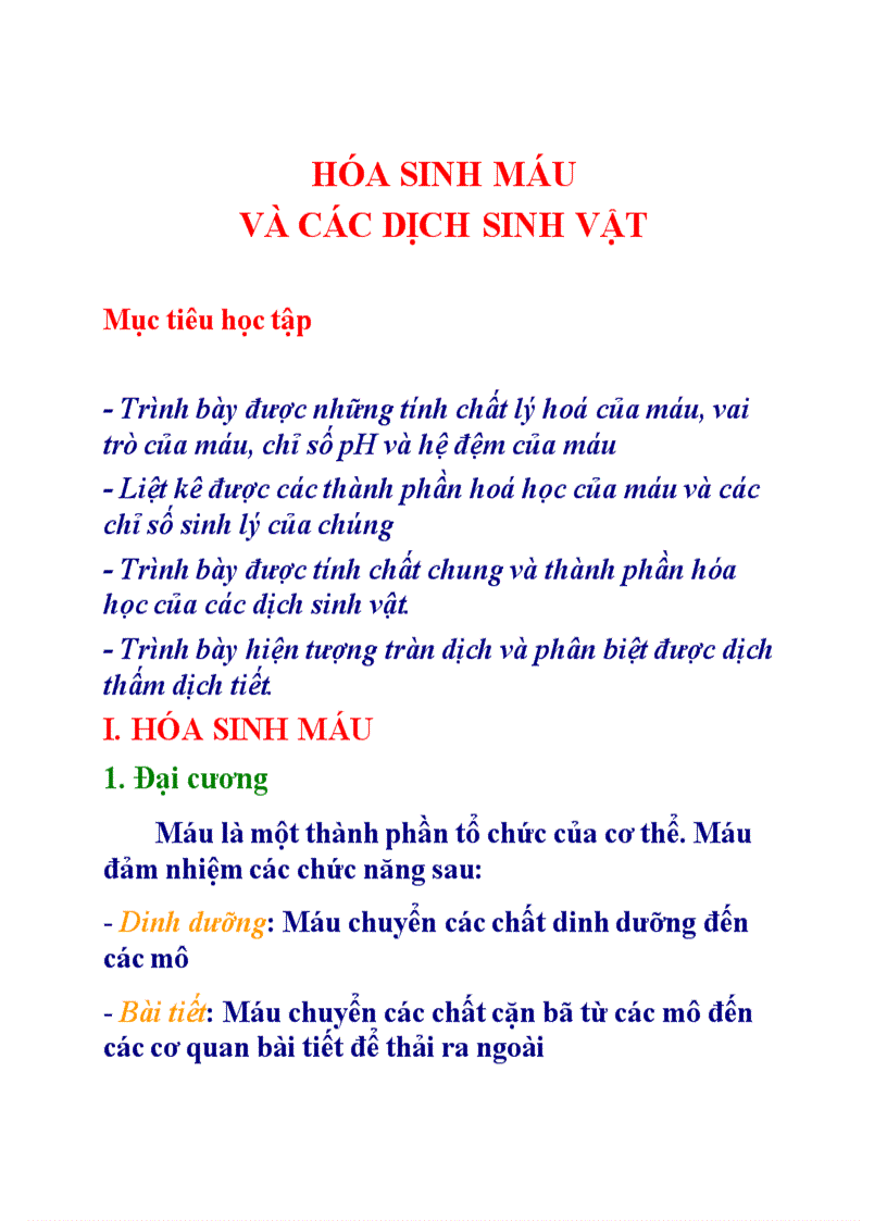 Hóa sinh máu và các dịch sinh vật