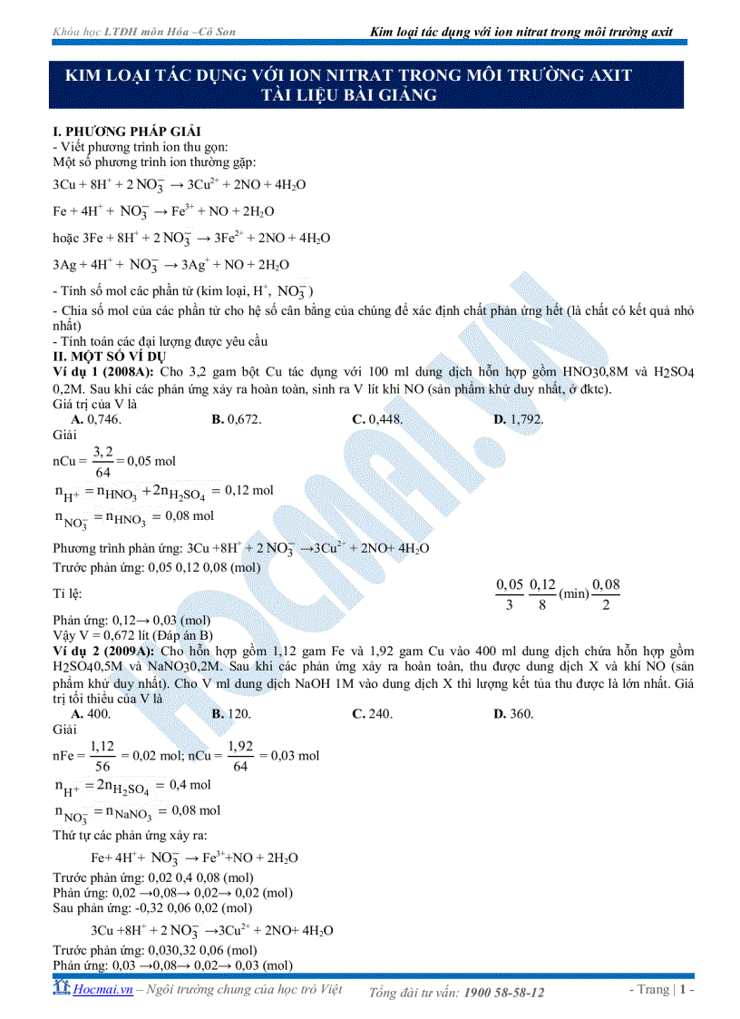 Kim loại tác dụng với ion nitrat trong môi trường axit tài liệu bài giảng