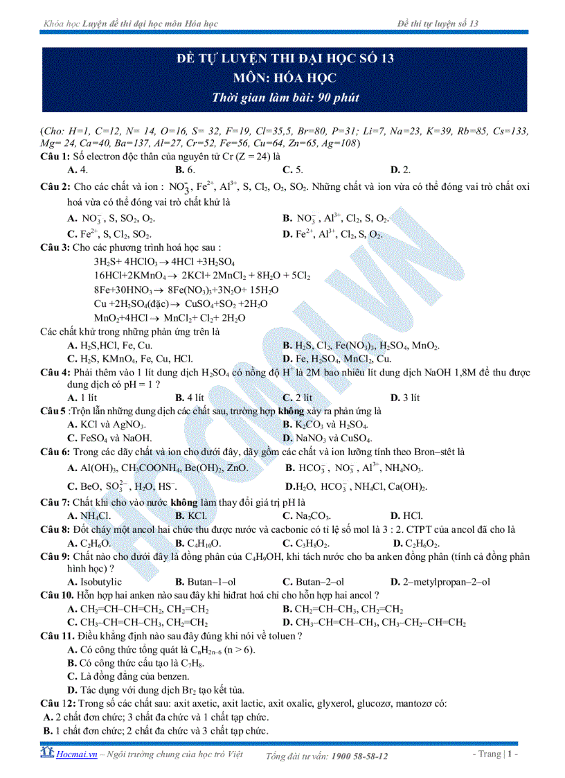 Đề tự luyện thi đại học số 13