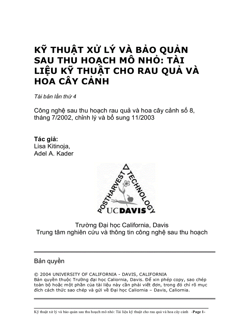 Kỹ thuật xử lý và bảo quản sau thu hoạch mô nhỏ Tài liệu kỹ thuật cho rau quả và hoa cây cảnh