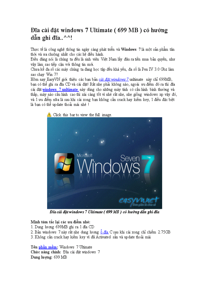 Đĩa cài đặt windows 7 Ultimate 699 MB có hướng dẫn ghi đĩa