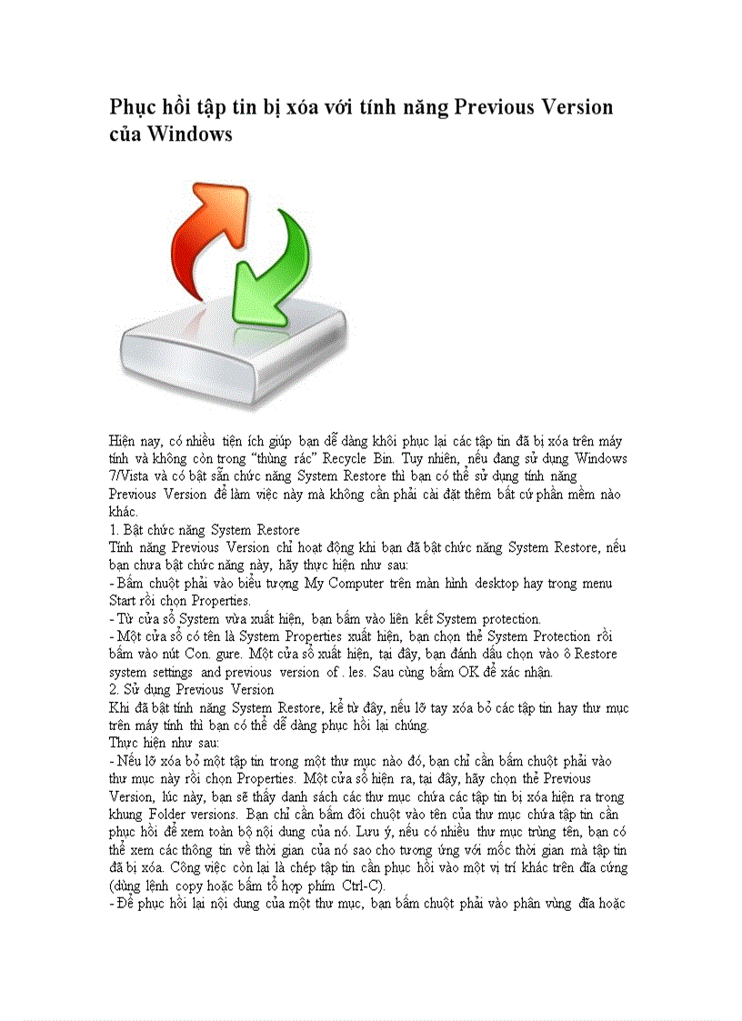 Phục hồi tập tin bị xóa với tính năng Previous Version của Windows