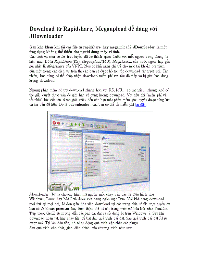 Download từ Rapidshare Megaupload dễ dàng với JDownloader