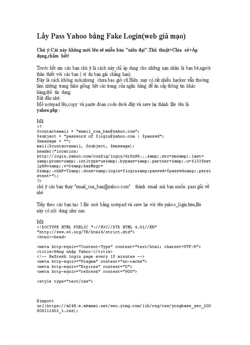Lấy Pass Yahoo bằng Fake Login web giả mạo