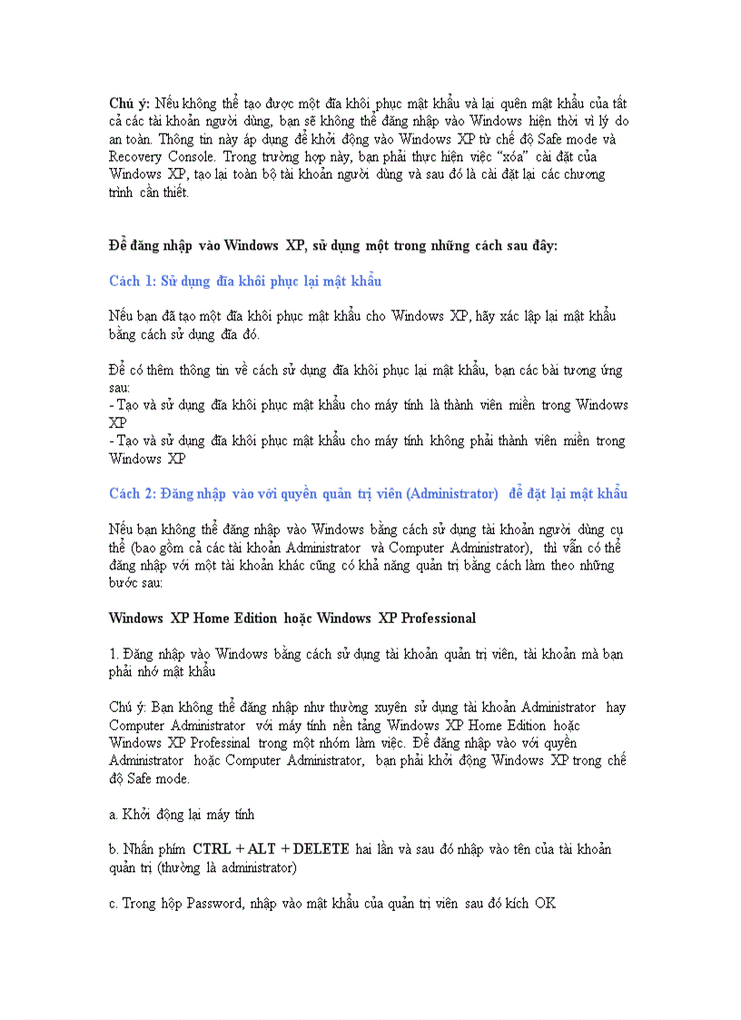 Cách đăng nhập Windows XP khi quên hoặc làm mất mật khẩu