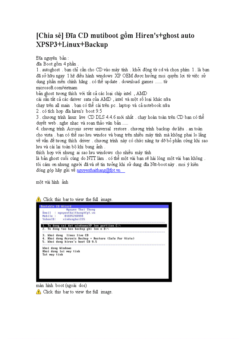 Đĩa CD mutiboot gồm Hiren s ghost auto XPSP3 Linux Backup