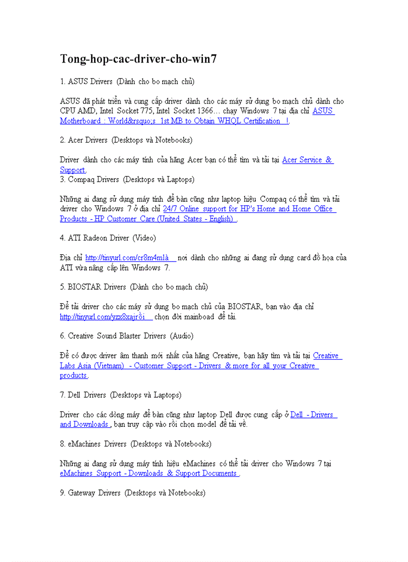 Tong hop cac driver cho win7