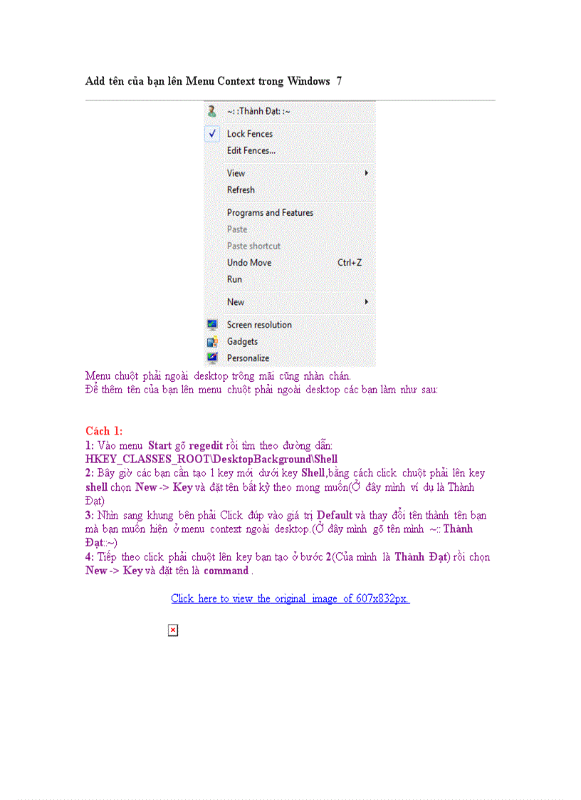 Add tên của bạn lên Menu Context trong Windows 7
