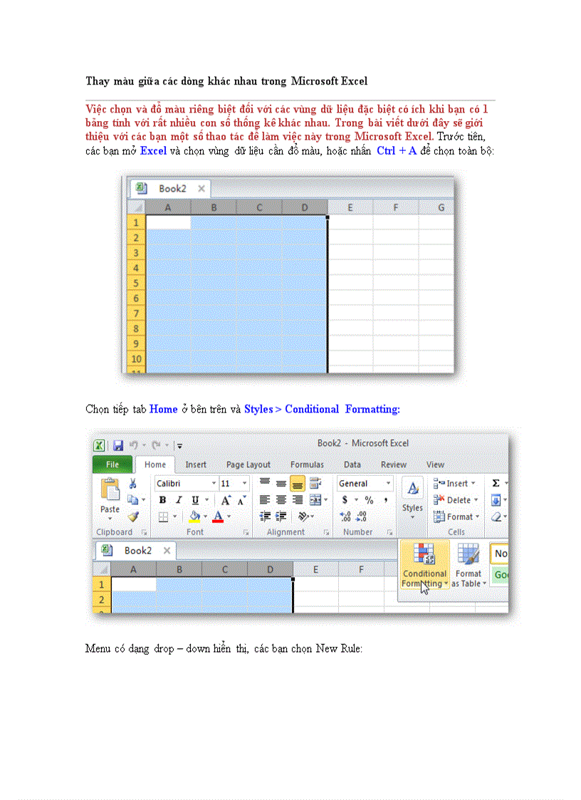 Thay màu giữa các dòng khác nhau trong Microsoft Excel