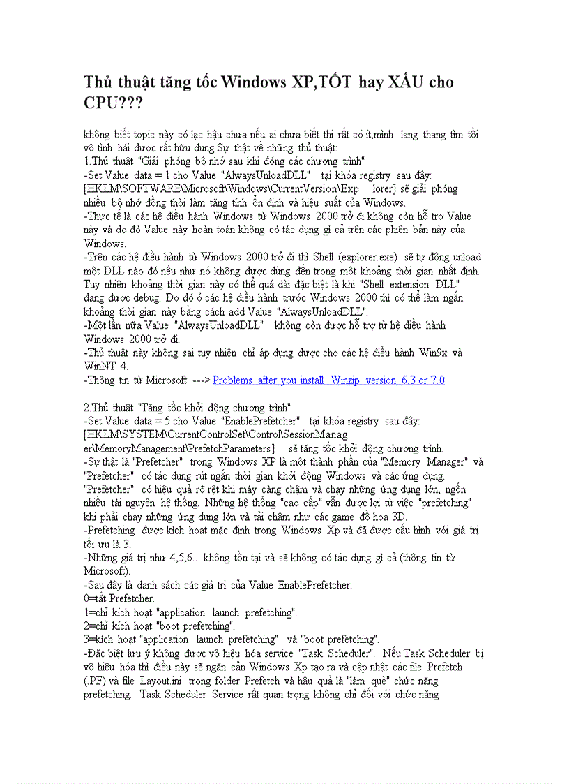 Thủ thuật tăng tốc Windows XP TỐT hay XẤU cho CPU