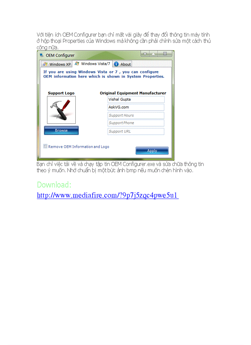 OEM Configurer Thay đổi thông tin trong System Properties
