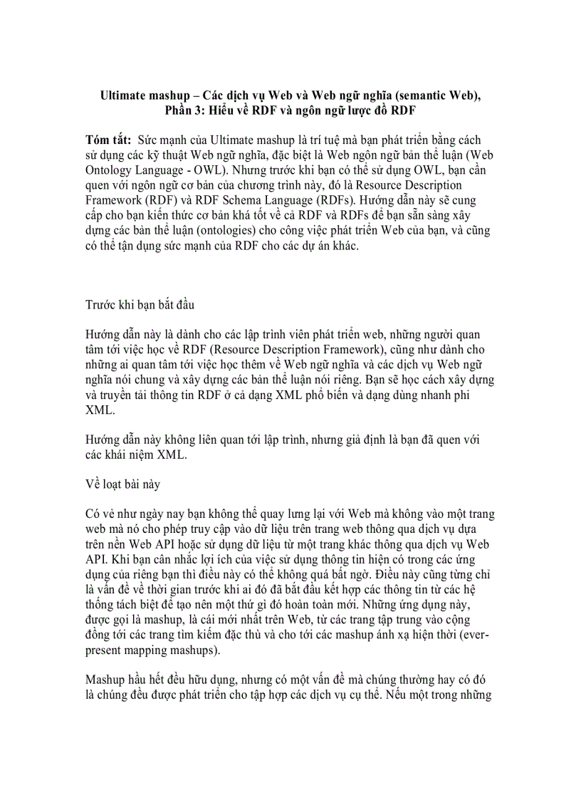Ultimate mashup Các dịch vụ Web và Web ngữ nghĩa semantic Web Phần 3 Hiểu về RDF và ngôn ngữ lược đồ RDF