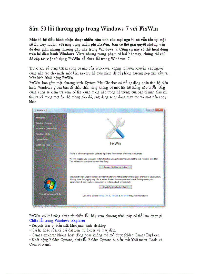 Sửa 50 lỗi thường gặp trong Windows 7 với FixWin