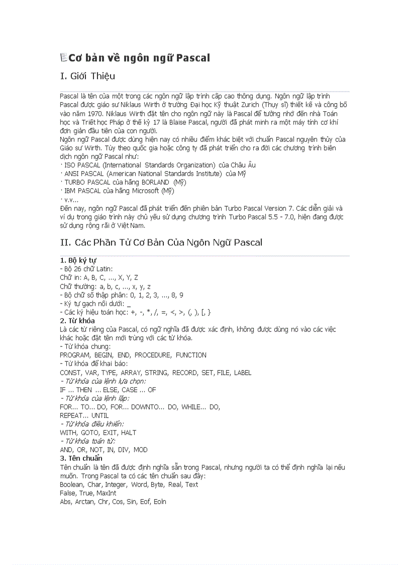 Cơ bản về ngôn ngữ Pascal