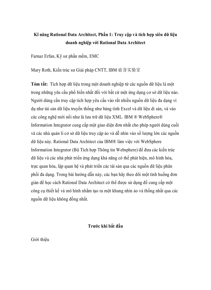 Kĩ năng Rational Data Architect Phần 1 Truy cập và tích hợp siêu dữ liệu doanh nghiệp với Rational Data Architect