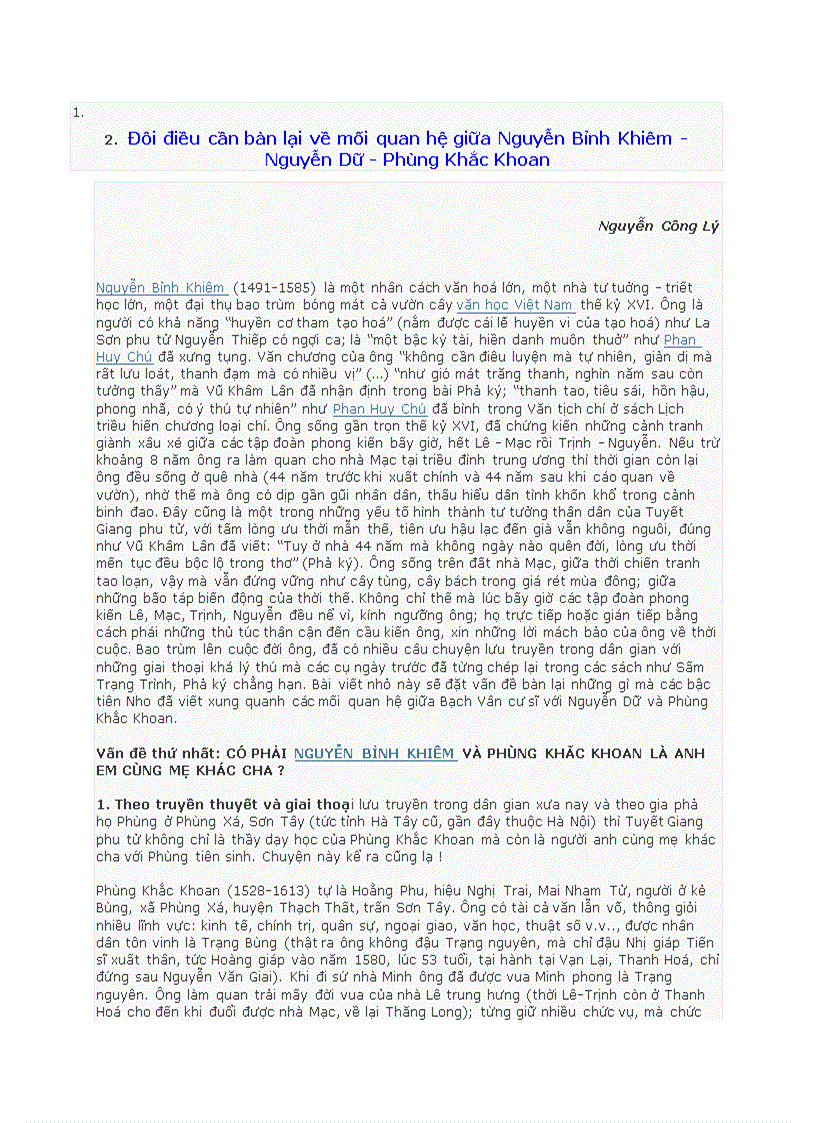 Đôi điều cần bàn lại về mối quan hệ giữa Nguyễn Bỉnh Khiêm Nguyễn Dữ Phùng Khắc Khoan