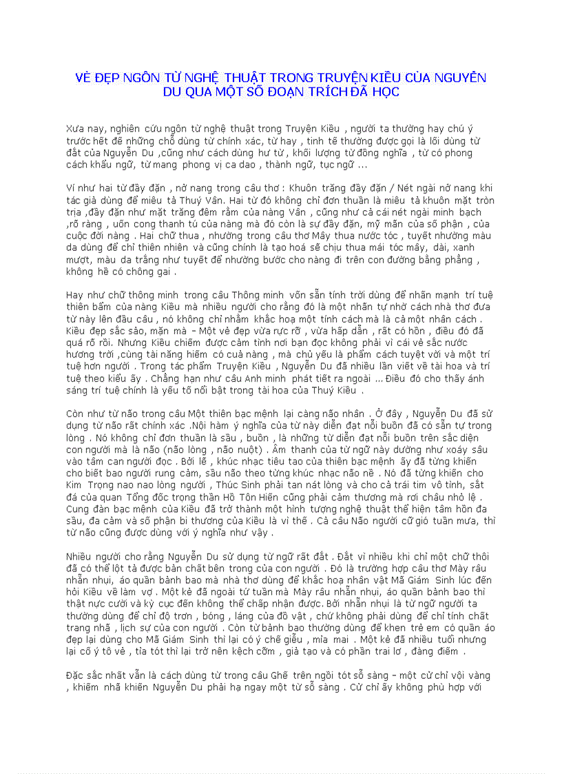 Vẻ đẹp ngôn từ nghệ thuật trong truyện kiều của nguyễn du qua một số đoạn trích đã học