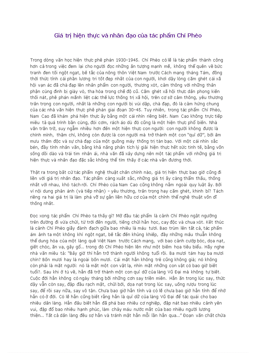 Giá trị hiện thực và nhân đạo của tác phẩm Chí Phèo
