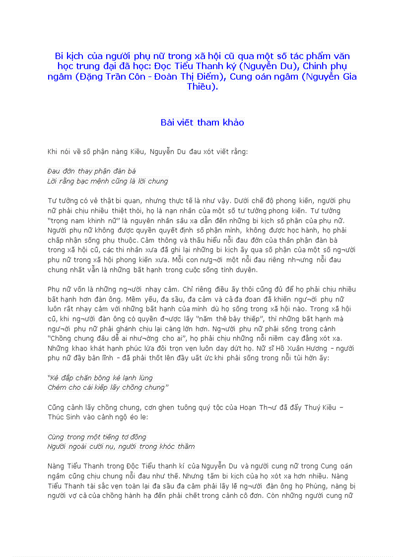 Bi kịch của người phụ nữ trong xã hội cũ qua một số tác phẩm văn học trung đại đã học Đọc Tiểu Thanh ký Nguyễn Du Chinh phụ ngâm Đặng Trần Côn Đoàn Thị Điểm Cung oán ngâm Nguyễn Gi