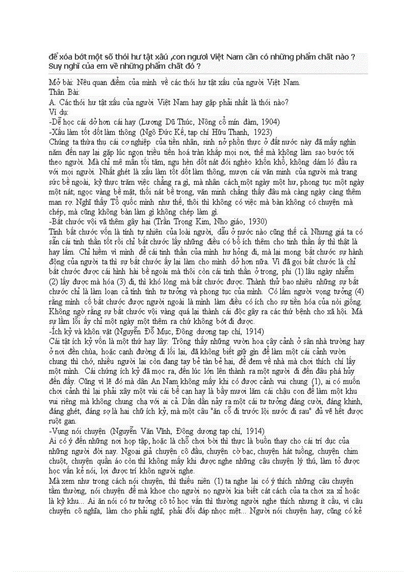 Để xóa bớt một số thói hư tật xâú con ngươì Việt Nam cần có những phẩm chất nào Suy nghĩ của em về những phẩm chất đó