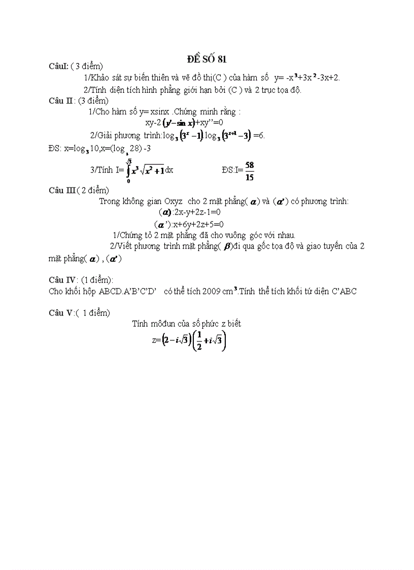 Đề thi tốt nghiệp toán THPT 111